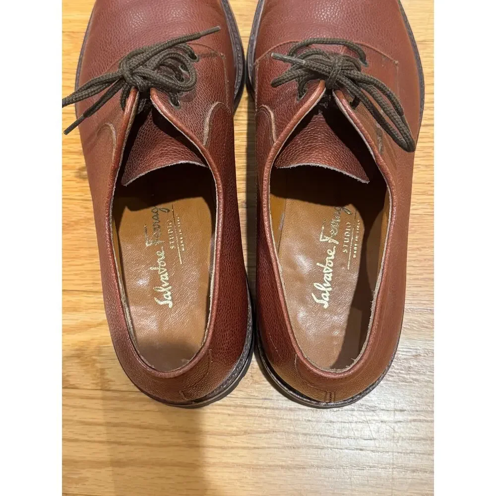 Salvatore Ferragamo Studio Brown Pebble Grain Leather Vibram Lug Derby Shoes 9D